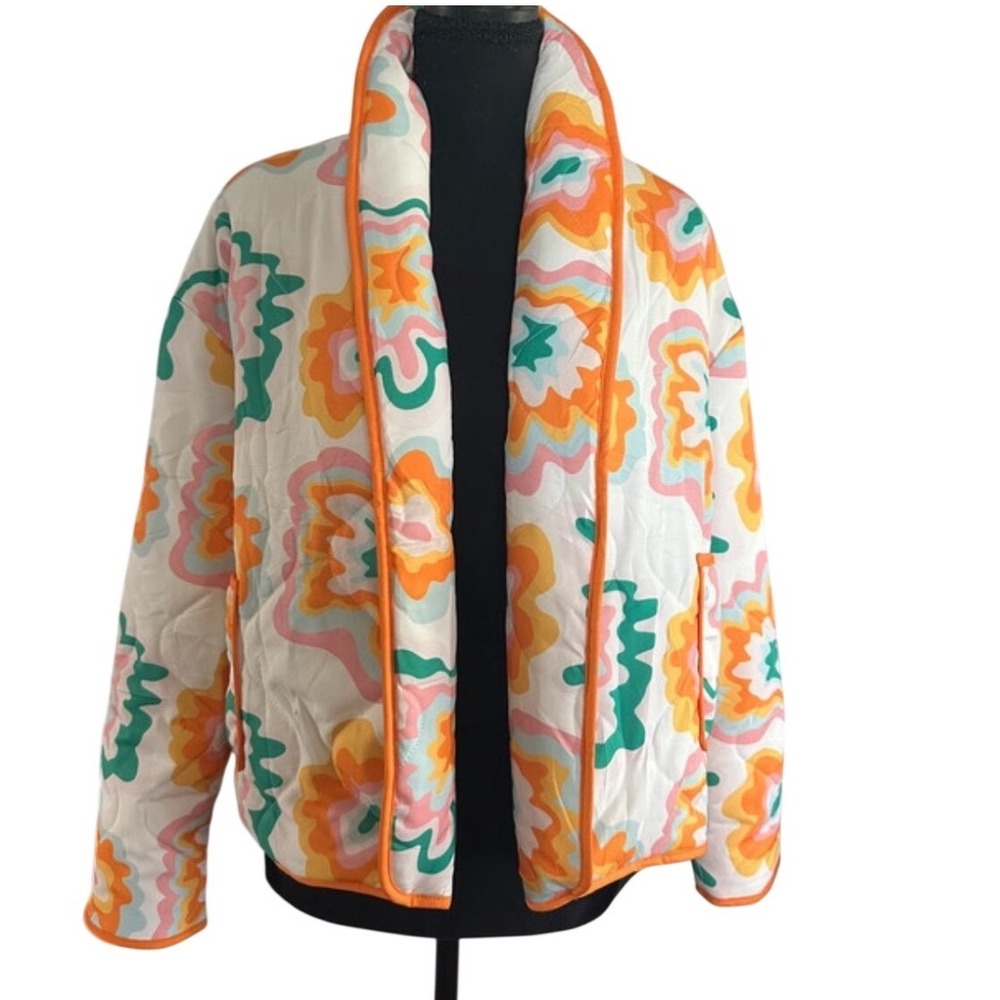 Retro Psychedelic Orange Quilted Puffer Jacket Womens XS Fits Like Small Medium - Picture 2 of 5